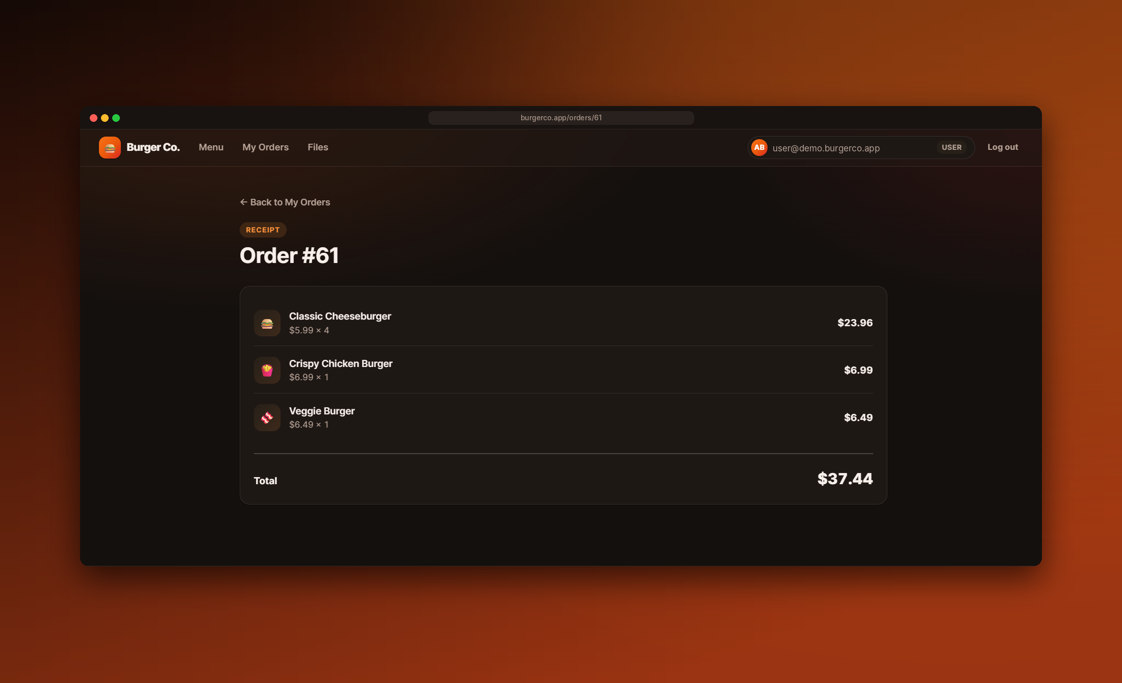 Order receipt listing each burger, its quantity and the total