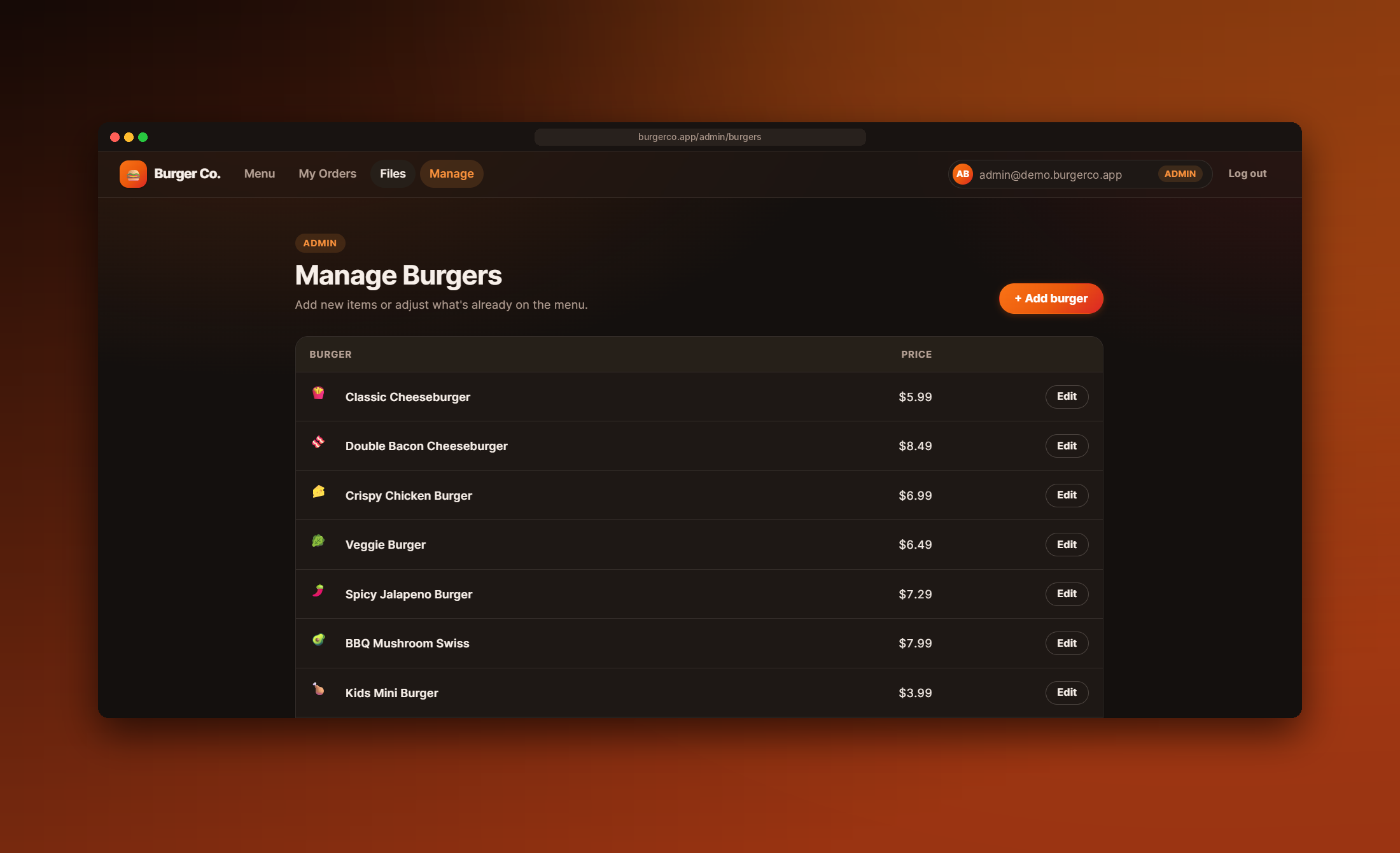 Admin page listing burgers with prices, an Edit button on each and an Add burger button