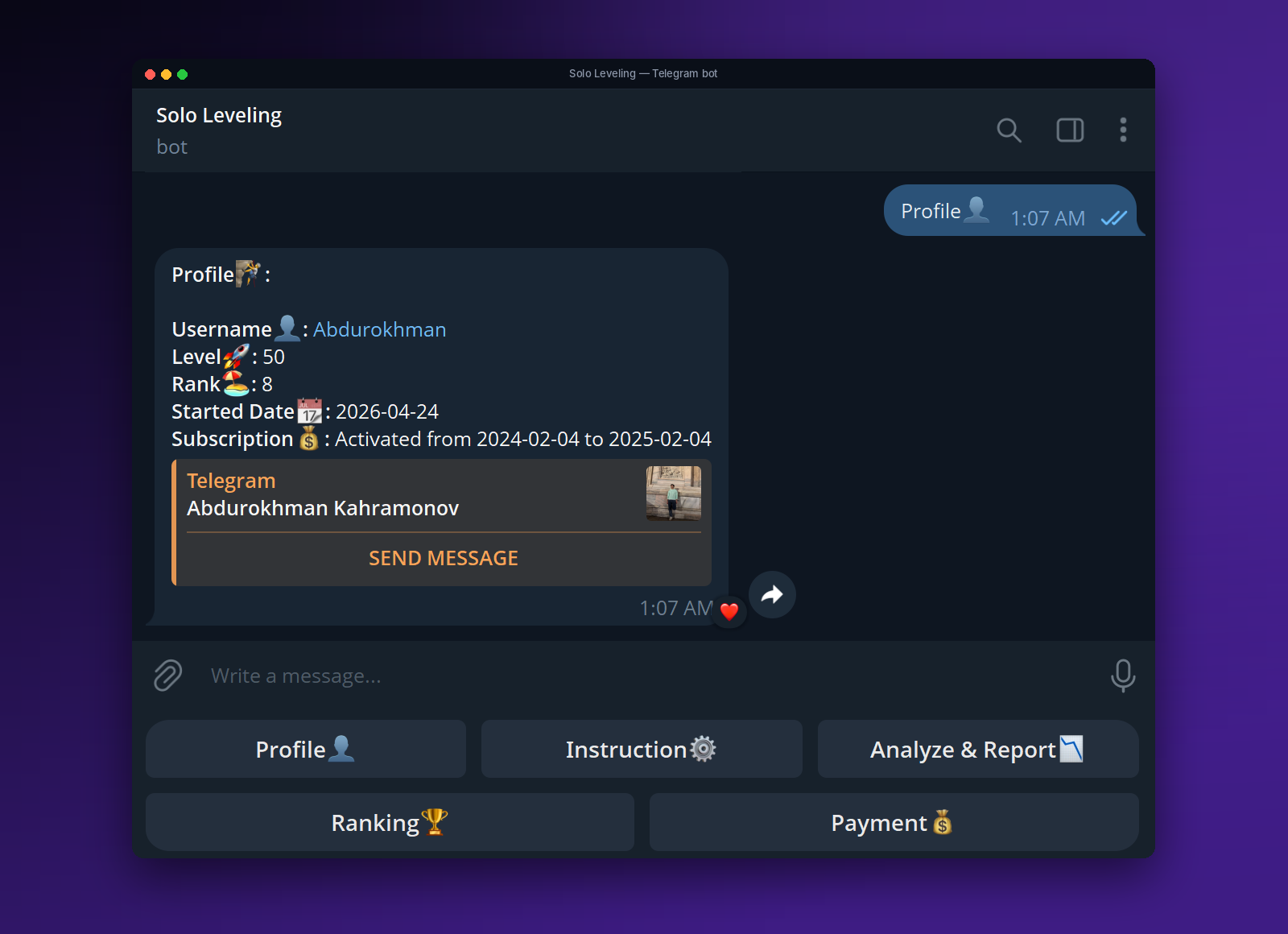 Telegram chat showing a player profile with level, rank and subscription