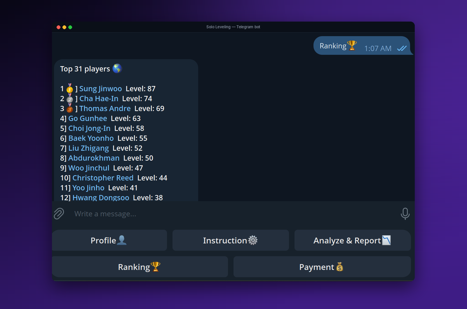 Leaderboard of the top players by level