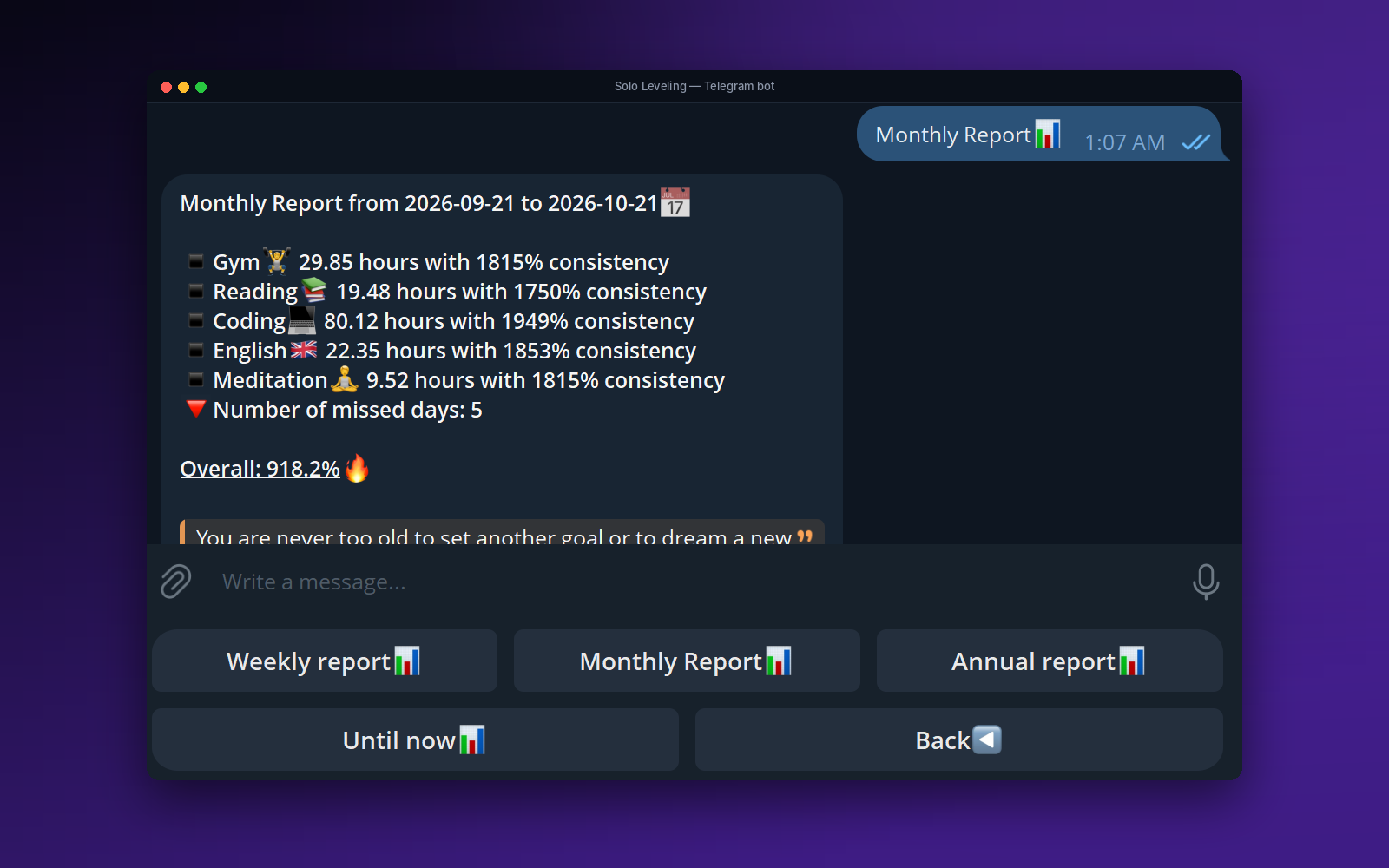 Monthly report with hours and consistency per activity