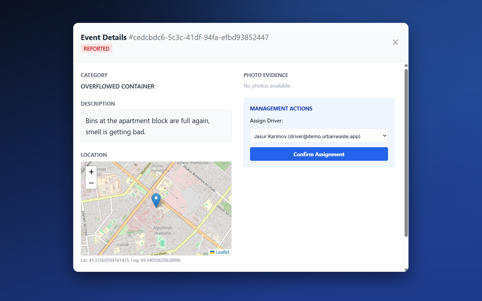 Event details with a map pin and a form to assign a driver