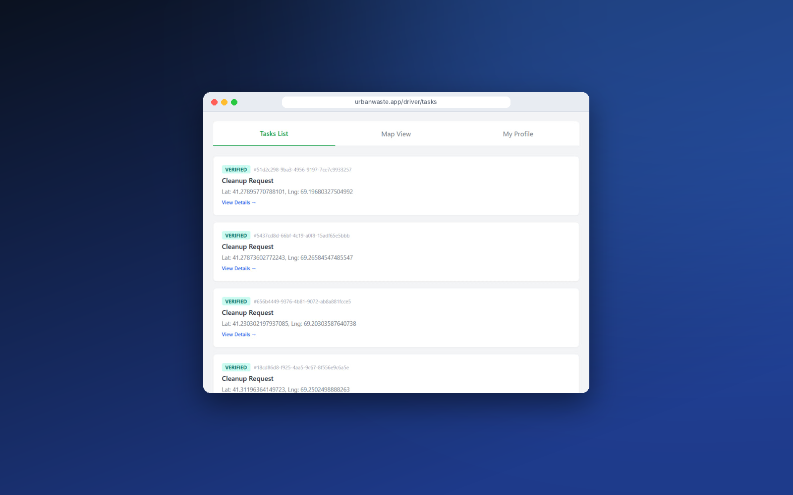 Driver portal listing verified cleanup tasks with coordinates
